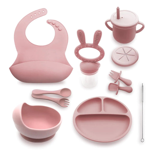 Generic Silicone Baby Feeding Set Baby Plates and Bowls Set Suction Plates for Baby Baby Feeding Essentials Baby Led Weaning Supplies Baby Plates with Suction Baby Utensils (Rose Pink) Regular